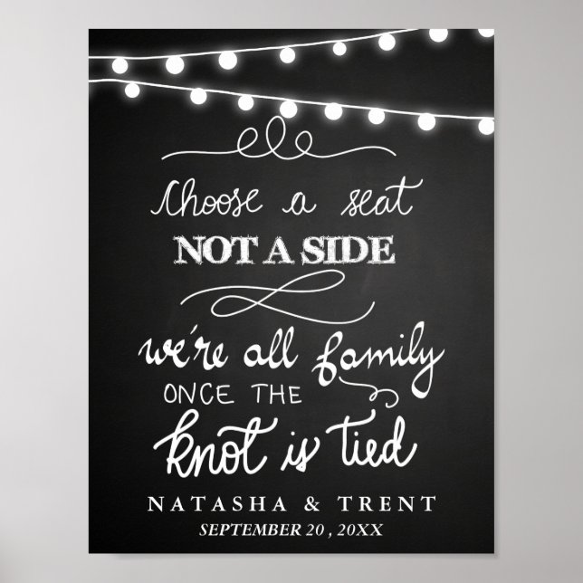 Choose A Seat String Lights Chalkboard Wedding Poster (Front)