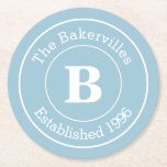 Choose Colour Family Monogram Name and Year Round Paper Coaster<br><div class="desc">The perfect, personalized set of coasters for your next party. Customize it with your family monogram, surname and established date. Simple white design, on your choice of background colour.Shown here with a very pretty pastel blue shade. Choose your favourite from the available choices or use the sliders or enter a...</div>