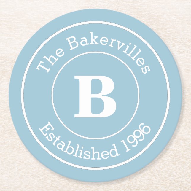 Choose Colour Family Monogram Name and Year Round Paper Coaster (Front)