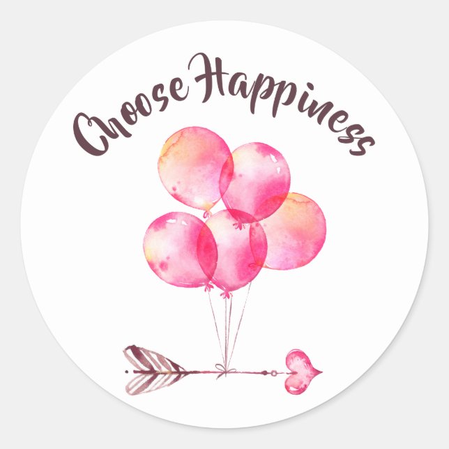 "Choose Happiness Balloon/Heart Motivational Classic Round Sticker (Front)