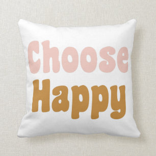Choose Happy Retro Lettering in Blush and Mustard Throw Pillow