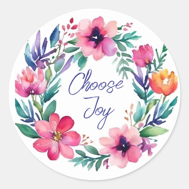 Choose Joy, pretty floral wreath personalizable  Classic Round Sticker (Front)