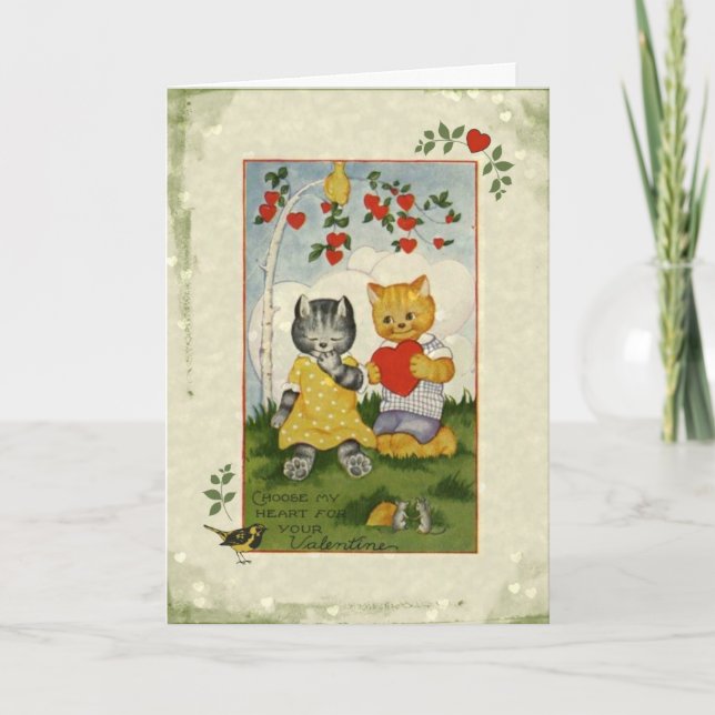 Choose My Heart Vintage Valentine Cats Holiday Card (Front)
