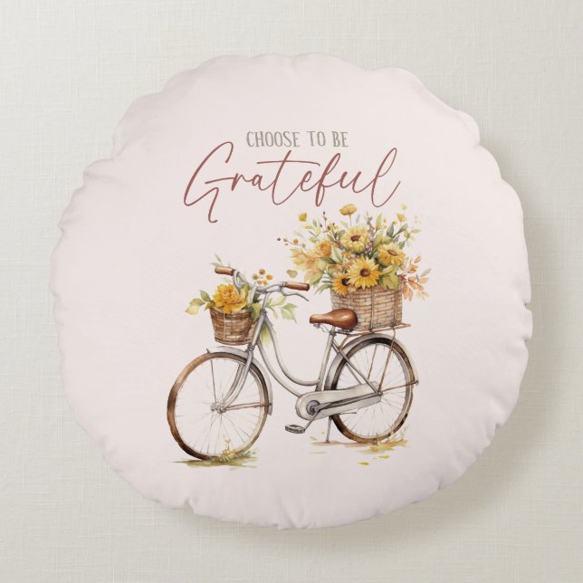 Choose to Be Grateful – Bicycle & Rustic Fall Round Pillow (Front)
