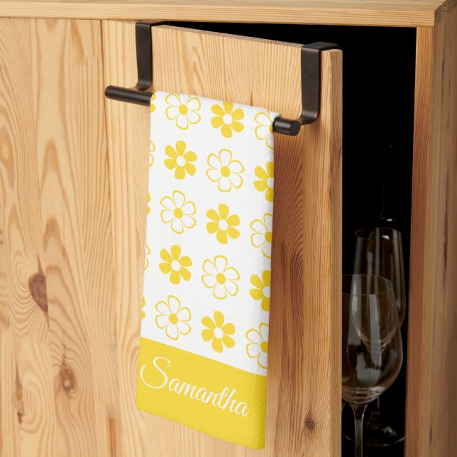 Choose Your Own Colours - Fun Retro Flowers Patter Kitchen Towel (Thirds Fold)