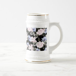 Chope À Bière Beau motif Floral Rose Iris rose bleu