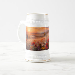 Chope À Bière Champ de coquelicots au coucher du soleil, peintur