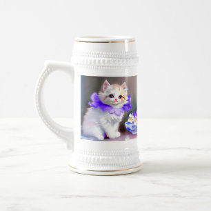 Chope À Bière Chat blanc avec collier de fleurs violettes