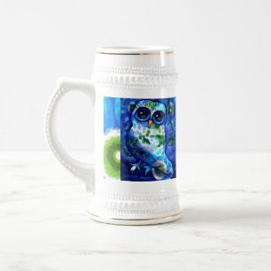 Chope À Bière Chouette Abstraite lunaire Fleur Florale Bleu Vert