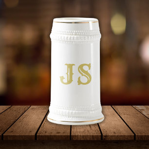 Chope À Bière Élégant Monogramme blanc et or