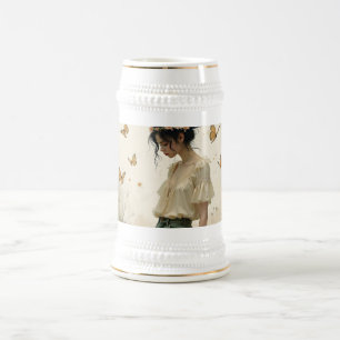 Chope À Bière Fille éthérée avec papillons dans la nature