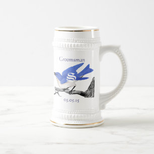 Chope À Bière Groomsman Stein Mariage Oiseaux Bleus Vintage