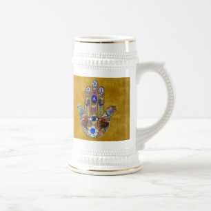 Chope À Bière Hamsa Cœurs Fleurs Opale Art sur Or