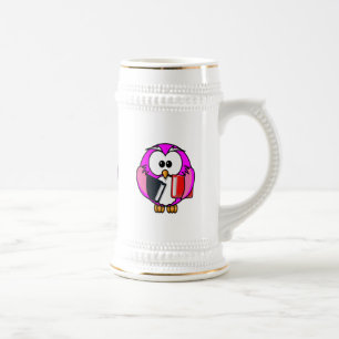 Chope À Bière hibou rose et blanc tenant des livres scolaires