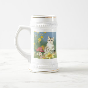 Chope À Bière Illustration de Kitten vintage avec Fleurs Jaunes