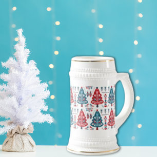 Chope À Bière Joli sapin de Noël rouge et bleu motif nordique