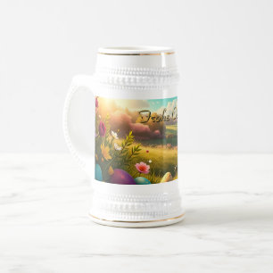 Chope À Bière Joyeuses Pâques dans un paysage printanier