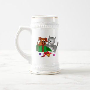 Chope À Bière Joyeux Noël avec chat et chiot