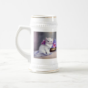 Chope À Bière Kitten blanc vintage aux fleurs roses et violettes