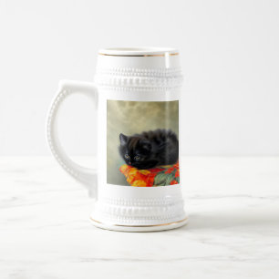 Chope À Bière Kitten noir vintage avec couverture de fleurs roug