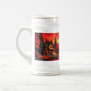 Chope À Bière Peinture coucher de soleil avec chalet et lac-6663