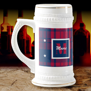 Chope À Bière Tartan - Patriotique - Bleu Rouge Étoiles Blanches