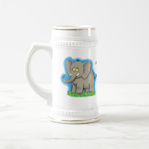 Chope À Bière Un joli éléphant drôle avec un oiseau sur le tronc