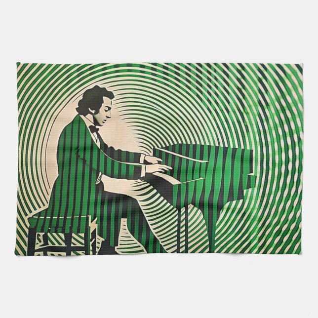 Chopin playing Piano in optical illusion style Kitchen Towel (Horizontal)