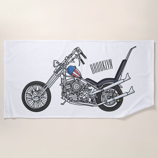 Chopper Motorcycle 1950 cartoon illustration Beach Towel (Front)