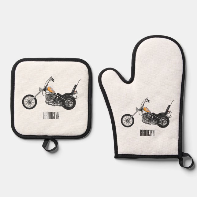 Chopper Motorcycle 1950 cartoon illustration Oven Mitt & Pot Holder Set (Front)