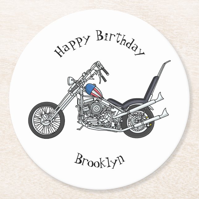 Chopper Motorcycle 1950 cartoon illustration Round Paper Coaster (Front)