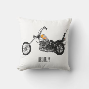 Chopper Motorcycle 1950 cartoon illustration Throw Pillow