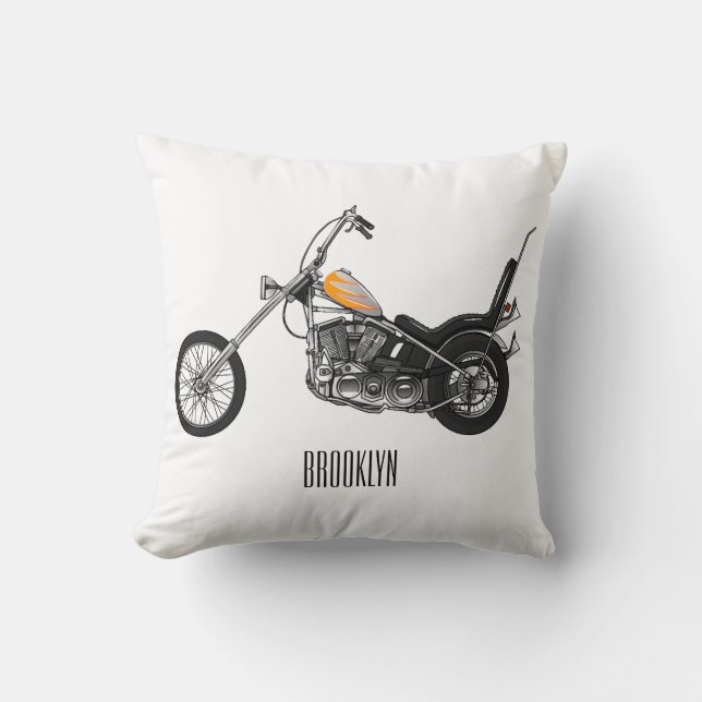Chopper Motorcycle 1950 cartoon illustration Throw Pillow (Front)