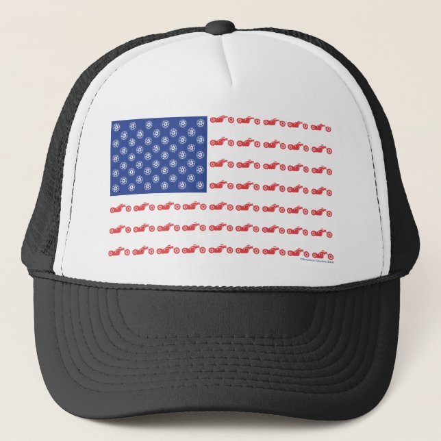 Chopper Motorcycle Patriotic Flag Trucker Hat (Front)