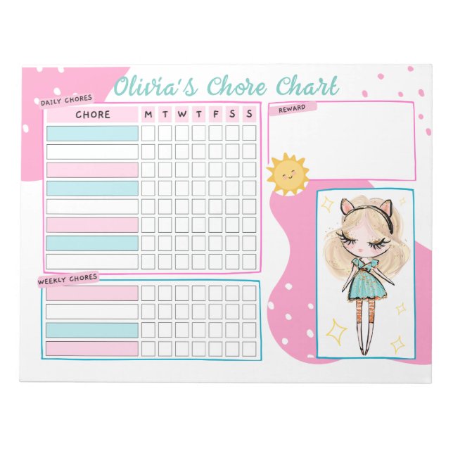 Chore Chart Reward Chart for Daily Routine Girl No Notepad (Front)