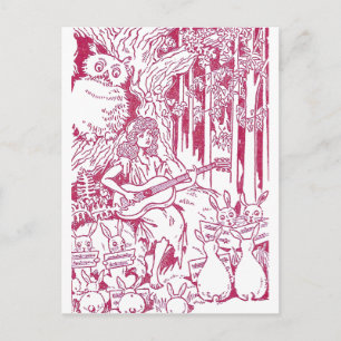 Chorus of Rabbits Sing to Owl and Girl Postcard
