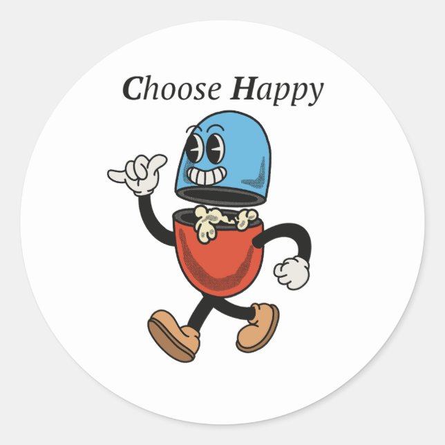 Chose happy with pill groovy character design classic round sticker (Front)