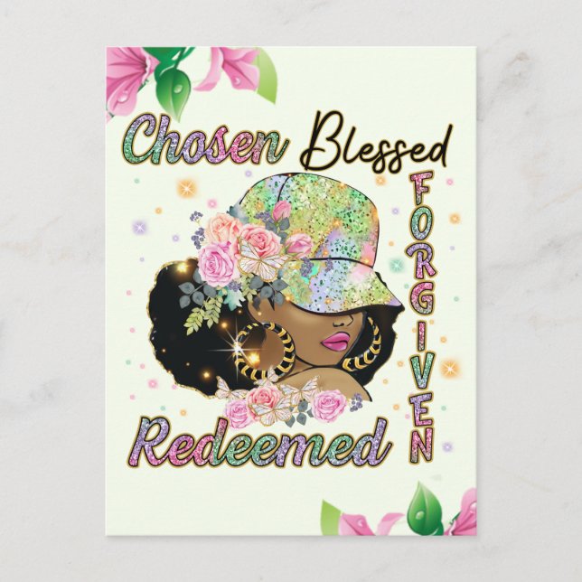 Chosen, blessed, forgiven, redeemed, melanin, sist holiday postcard (Front)