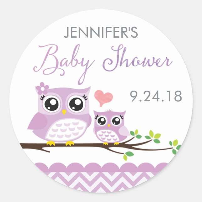 Chouette Baby shower Étiquette Purple Chevron Girl (Devant)