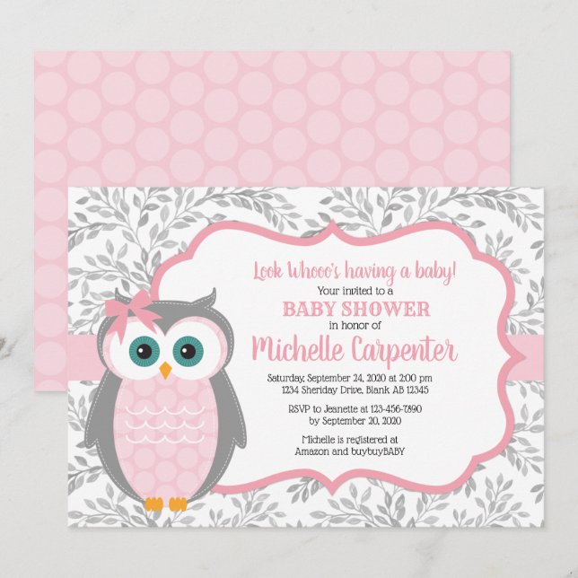 chouette baby shower invitation fille rose gris bo (Devant / Derrière)