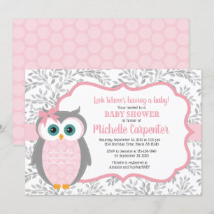 chouette baby shower invitation fille rose gris bo