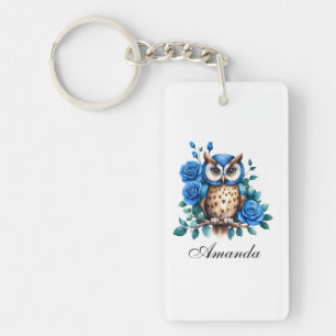 Chouette bleu aquarelle et Rose