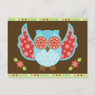 Chouette bleue et rouge sur carte postale Brown et