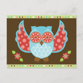 Chouette bleue et rouge sur carte postale Brown et