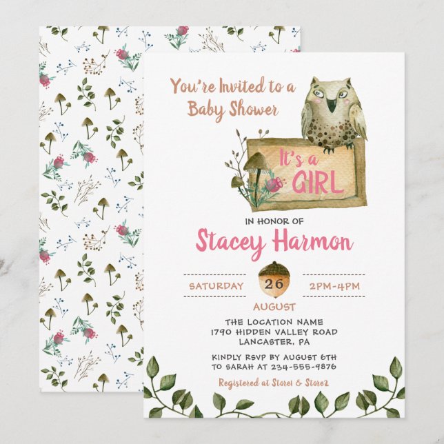 Chouette des bois C'est une invitation de Baby sho (Devant / Derrière)