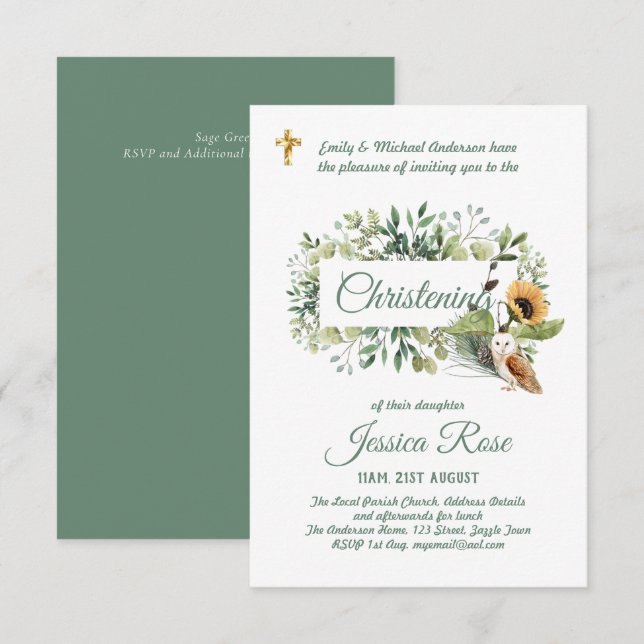 Chouette des bois Christening Invitations Baptême (Devant / Derrière)