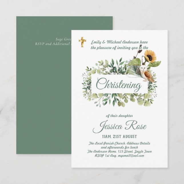 Chouette des bois Christening Invitations Baptême (Devant / Derrière)