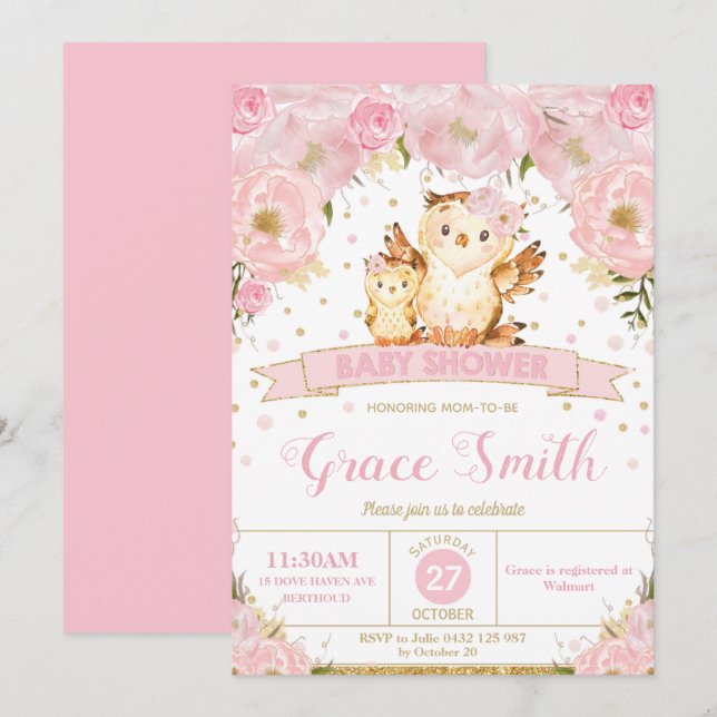 Chouette Floral Baby shower Invitation fille (Devant / Derrière)
