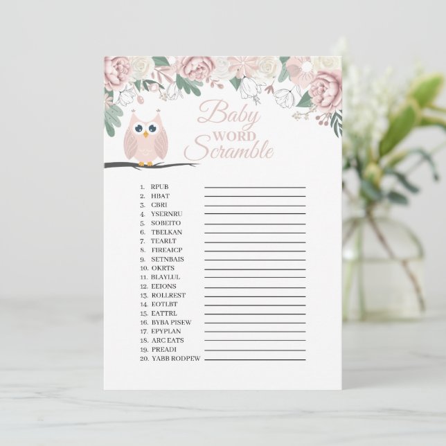 Chouette rose Floral Baby Word Scramble Carte de j (Debout devant)
