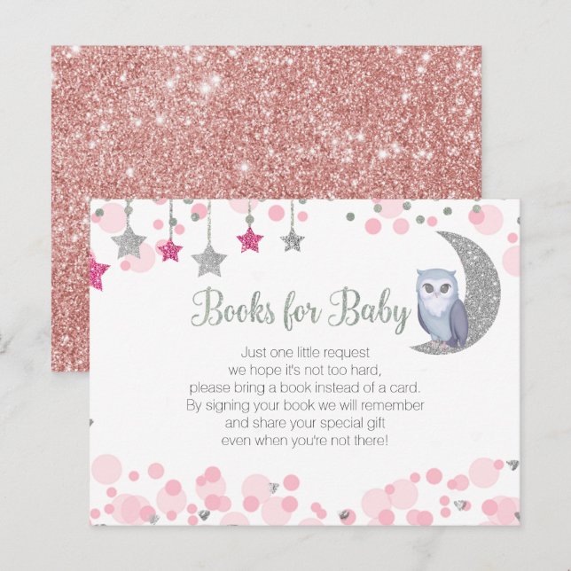 Chouette sur la lune Baby shower rose Livres Carte (Devant / Derrière)